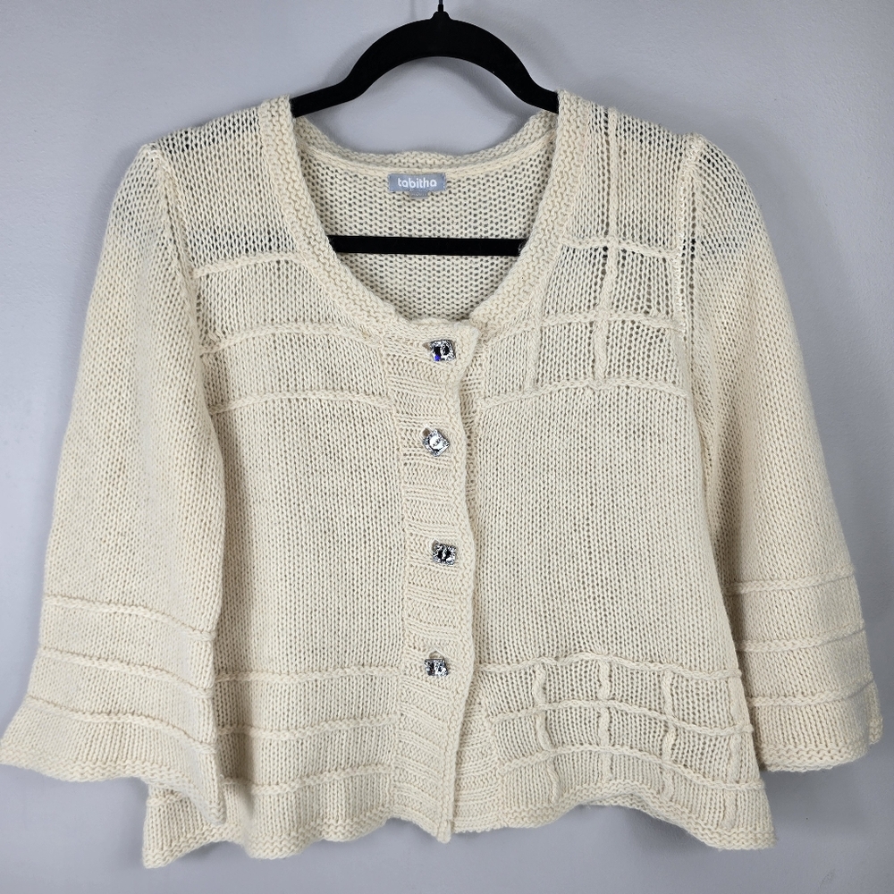 Tabitha Lambswool Angora Cream Ivory Cardigan Sweater 3/4 Sleeve Size Large - Picture 8 of 8